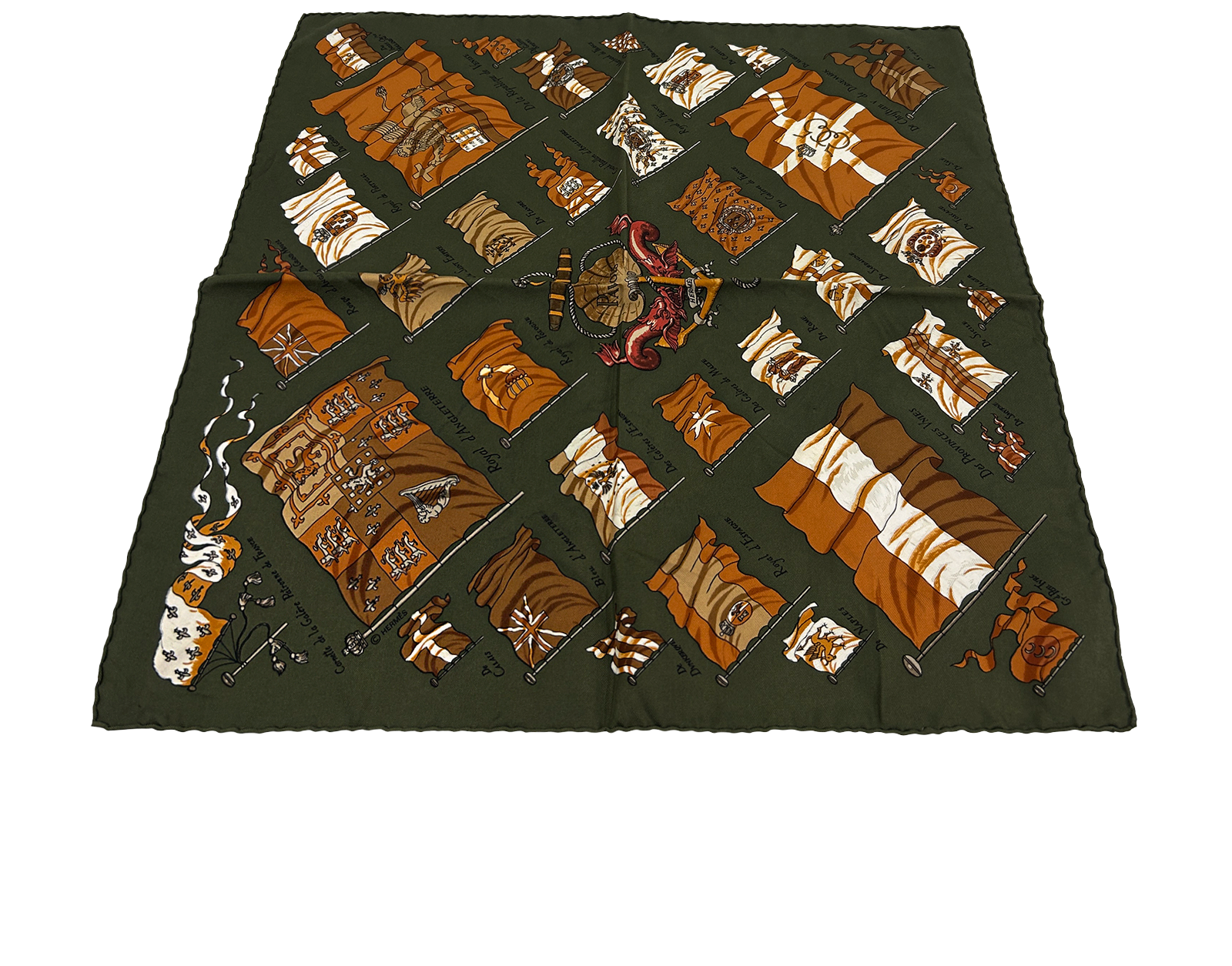 Hermes Pañuelo de bolsillo, 120&euro;, Bolso, Marrón/Verde, Seda - Satén, Vista trasera